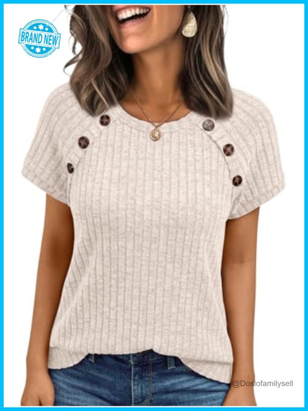 Short Sleeve Decorative Buttons Crew Neck Top for Work Office